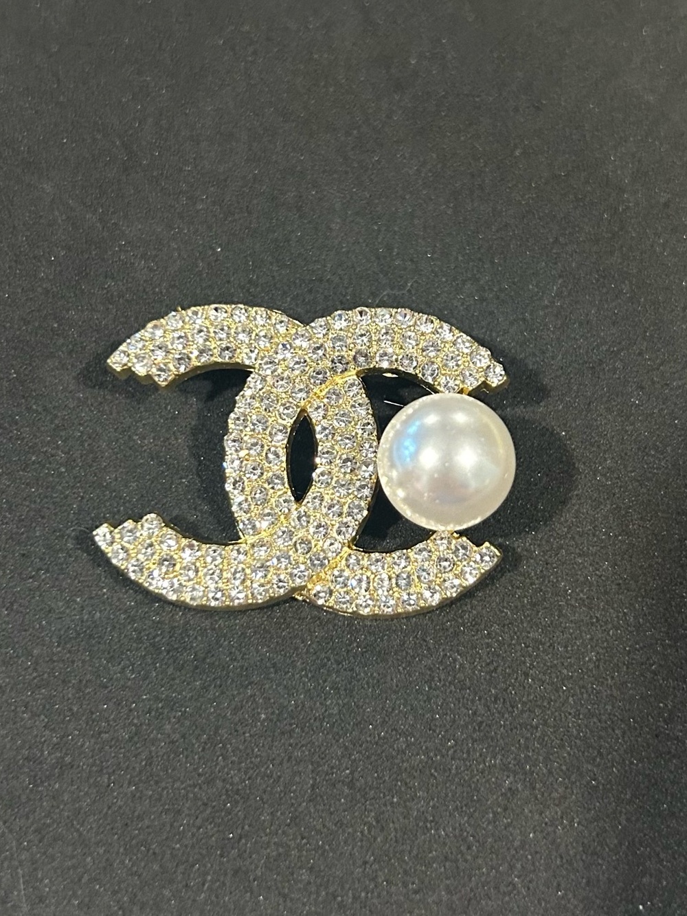 Gold-Tone Crystal Brooch with White Pearl Accent